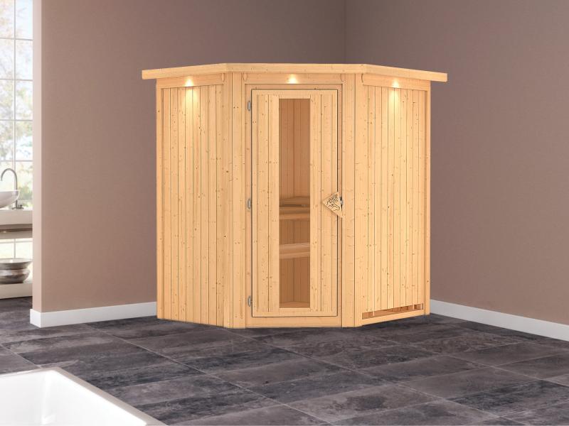 Taurin - Karibu Sauna ohne Ofen - mit Dachkranz -mit Energiespar Saunatür