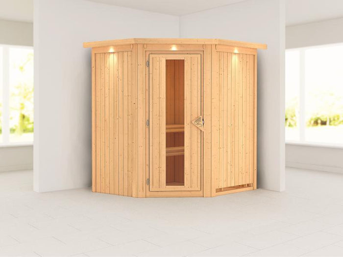 Taurin - Karibu Sauna ohne Ofen - mit Dachkranz -mit Energiespar Saunatür