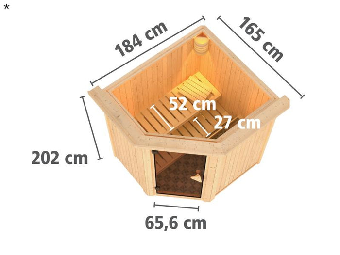 Tonja - Karibu Sauna Plug & Play 3,6 kW Bio Ofen, ext. Steuerung - mit Dachkranz - Energiespartür
