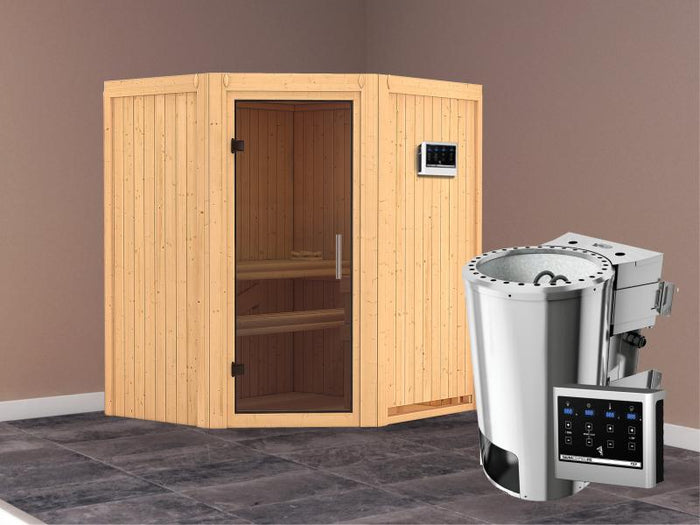 Tonja - Karibu Sauna Plug & Play 3,6 kW Bio Ofen, ext. Steuerung - ohne Dachkranz - Moderne Saunatür