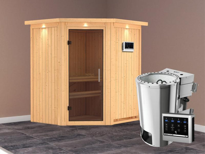 Tonja - Karibu Sauna Plug & Play 3,6 kW Bio Ofen, ext. Steuerung - mit Dachkranz - Moderne Saunatür