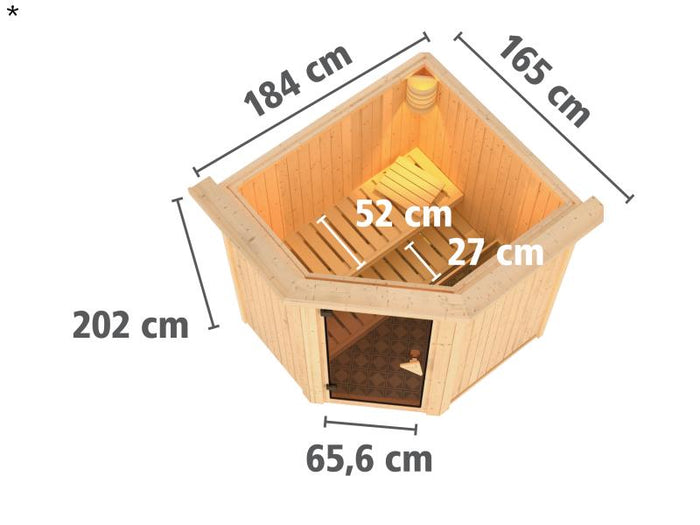 Tonja - Karibu Sauna Plug & Play 3,6 kW Bio Ofen, ext. Steuerung - mit Dachkranz - Klarglas Ganzglas