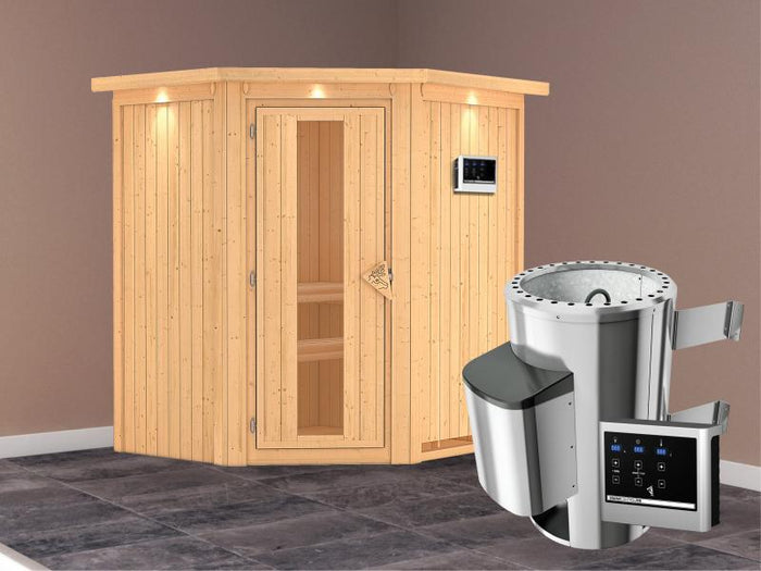 Tonja - Karibu Sauna Plug & Play 3,6 kW Ofen, ext. Steuerung - mit Dachkranz - Energiespartür