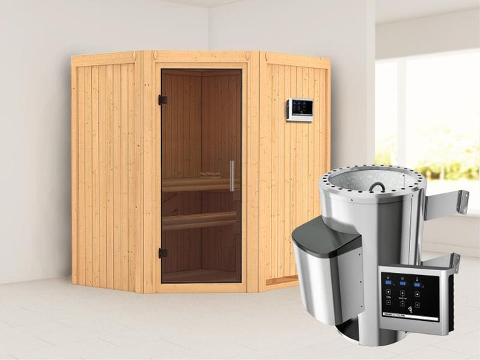 Tonja - Karibu Sauna Plug & Play 3,6 kW Ofen, ext. Steuerung - ohne Dachkranz - Moderne Saunatür