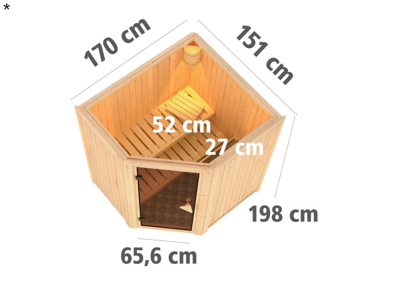 Tonja - Karibu Sauna Plug & Play 3,6 kW Ofen, ext. Steuerung - ohne Dachkranz - Klarglas Ganzglastür