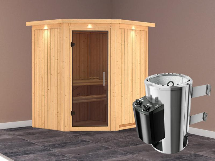 Tonja - Karibu Sauna Plug & Play 3,6 kW Ofen, int. Steuerung - mit Dachkranz - Moderne Saunatür