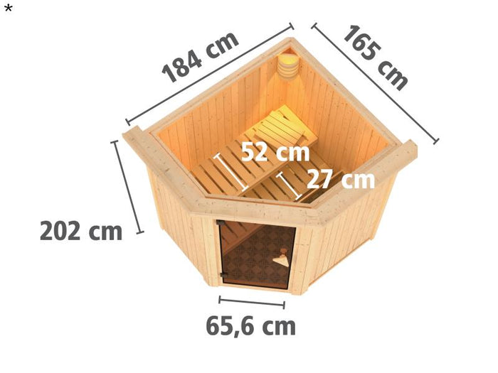 Tonja - Karibu Sauna Plug & Play 3,6 kW Ofen, int. Steuerung - mit Dachkranz - Moderne Saunatür