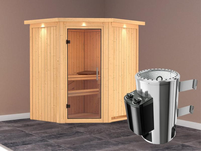 Tonja - Karibu Sauna Plug & Play 3,6 kW Ofen, int. Steuerung - mit Dachkranz - Klarglas Ganzglastür