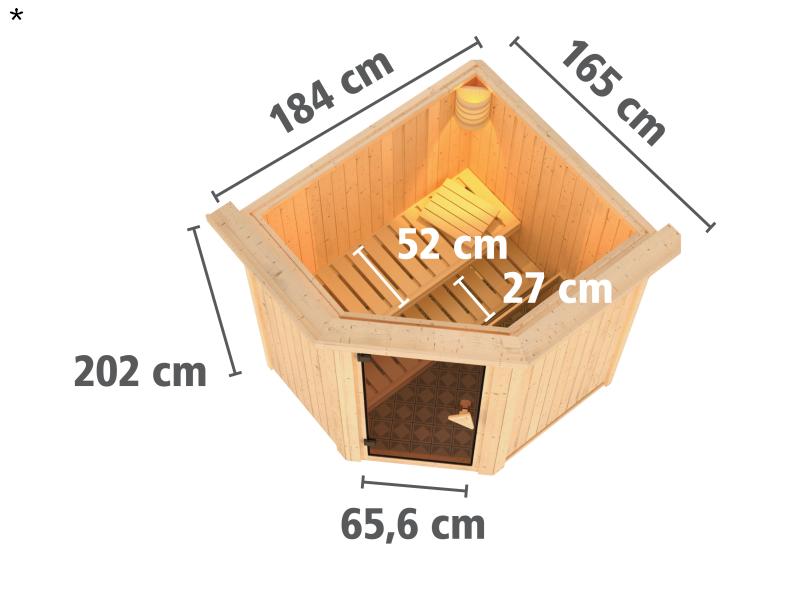 Tonja - Karibu Sauna Plug & Play inkl. 3,6 kW-Ofen int. Steuerung - mit Dachkranz -