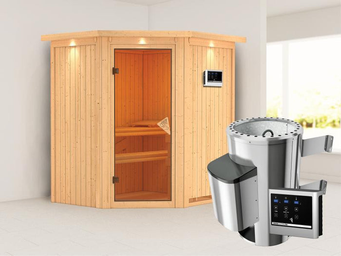 Tonja - Karibu Sauna Plug & Play inkl. 3,6 kW-Ofen ext. Steuerung - mit Dachkranz -