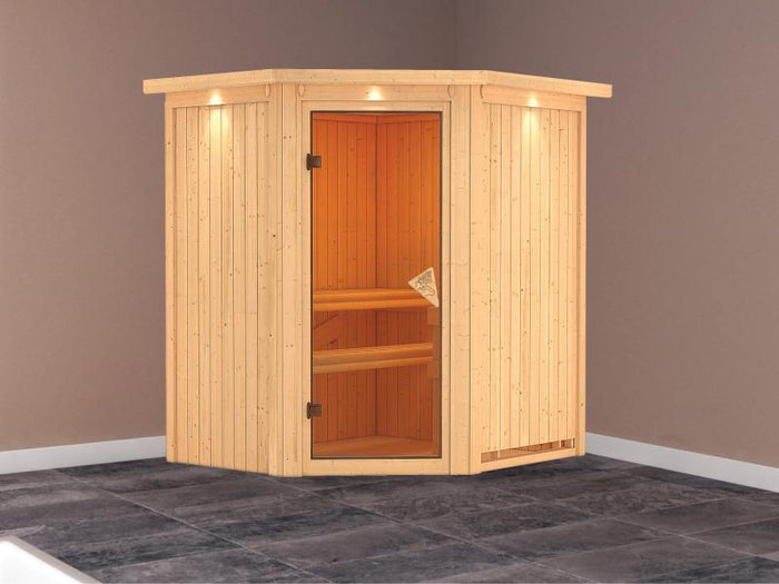 Tonja - Karibu Sauna Plug & Play ohne Ofen - mit Dachkranz -