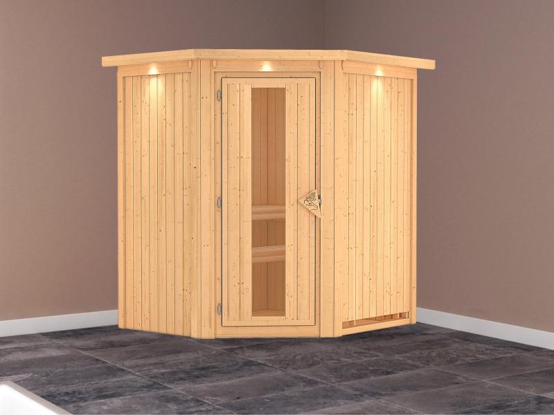 Tonja - Karibu Sauna Plug & Play ohne Ofen - mit Dachkranz - Energiespartür