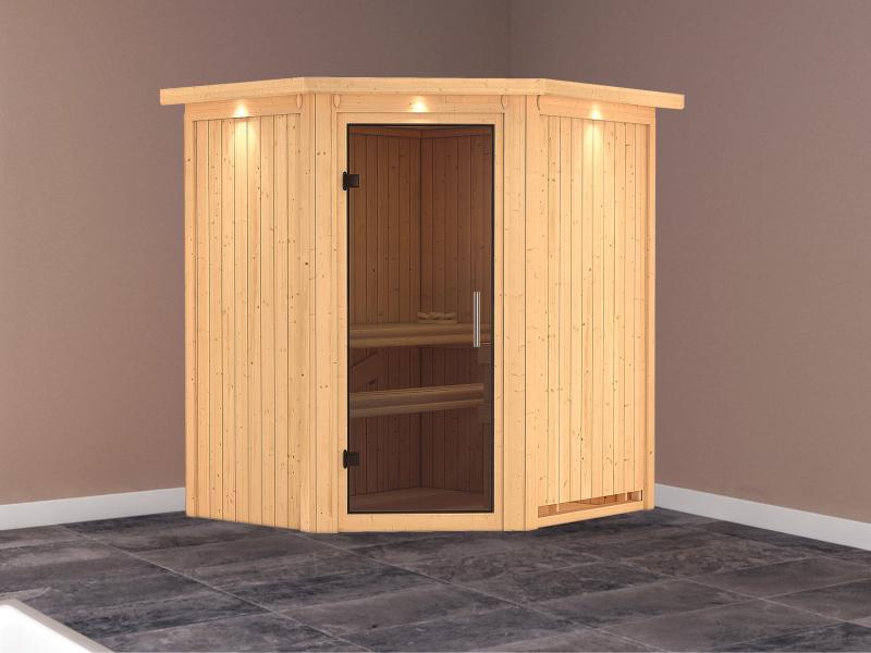 Tonja - Karibu Sauna Plug & Play ohne Ofen - mit Dachkranz - Moderne Saunatür