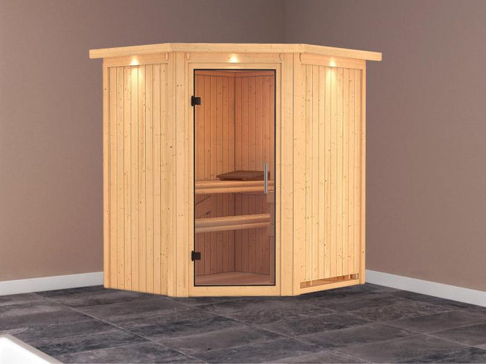 Tonja - Karibu Sauna Plug & Play ohne Ofen - mit Dachkranz - Klarglas Ganzglastür