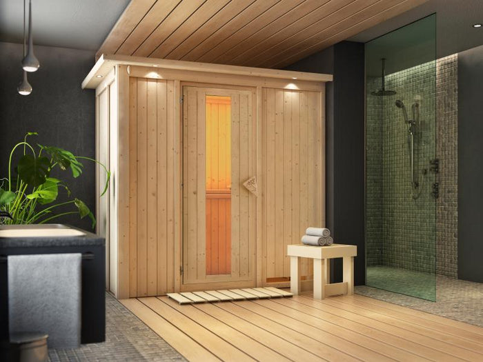 Variado - Karibu Sauna ohne Ofen-mit Dachkranz-mit Energiesparender Saunatür