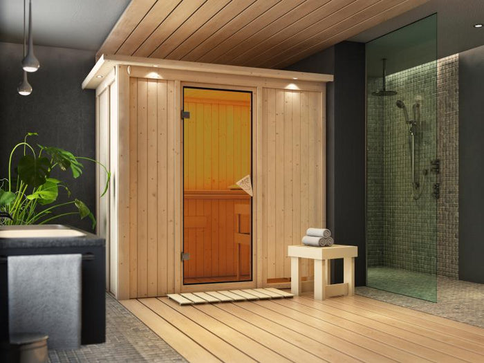 Variado - Karibu Sauna ohne Ofen-mit Dachkranz-mit klassischer Saunatür