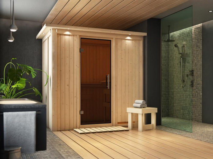 Variado - Karibu Sauna ohne Ofen-mit Dachkranz-mit moderner Saunatür