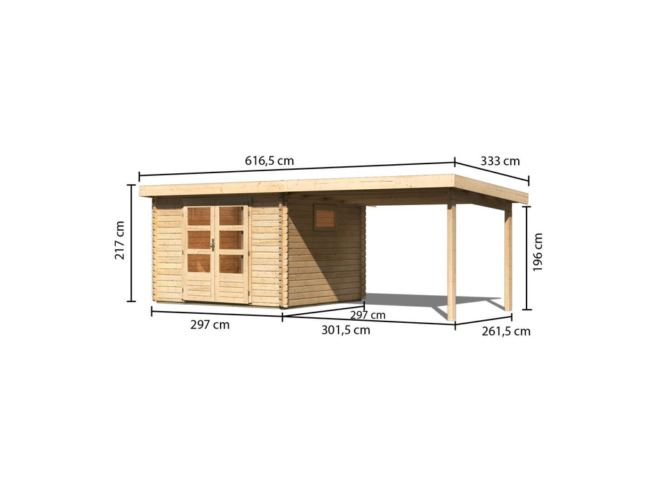 Karibu Gartenhaus Trittau 3 natur mit Anbaudach 3,3 m