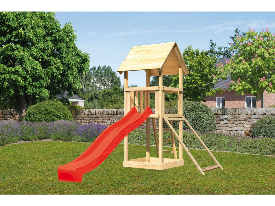 Karibu Spielturm Lotti mit Netzrampe und Rutsche rot