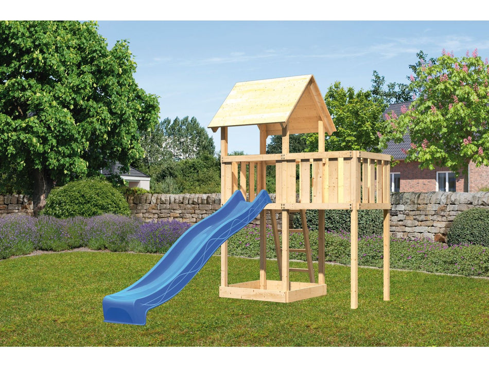 Karibu Spielturm Lotti natur mit Anbauplattform und Rutsche blau