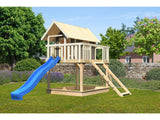 Karibu Stelzenhaus Fidel terragrau + Rutsche blau + Netzrampe