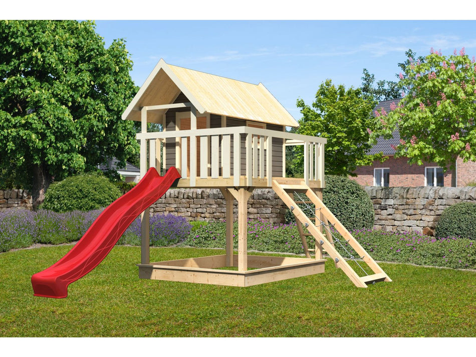 Karibu Stelzenhaus Fidel terragrau + Rutsche rot + Netzrampe