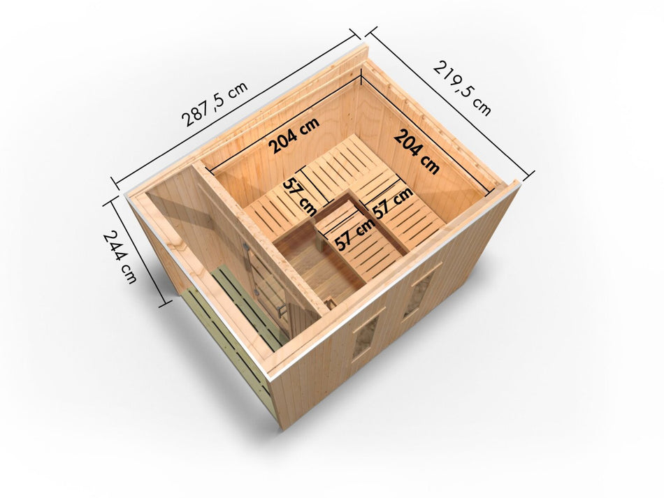 Karibu Saunahaus Laguna natur,73 mm -inkl. 9 kW Ofen ext. Steuerung Wifi HUUM