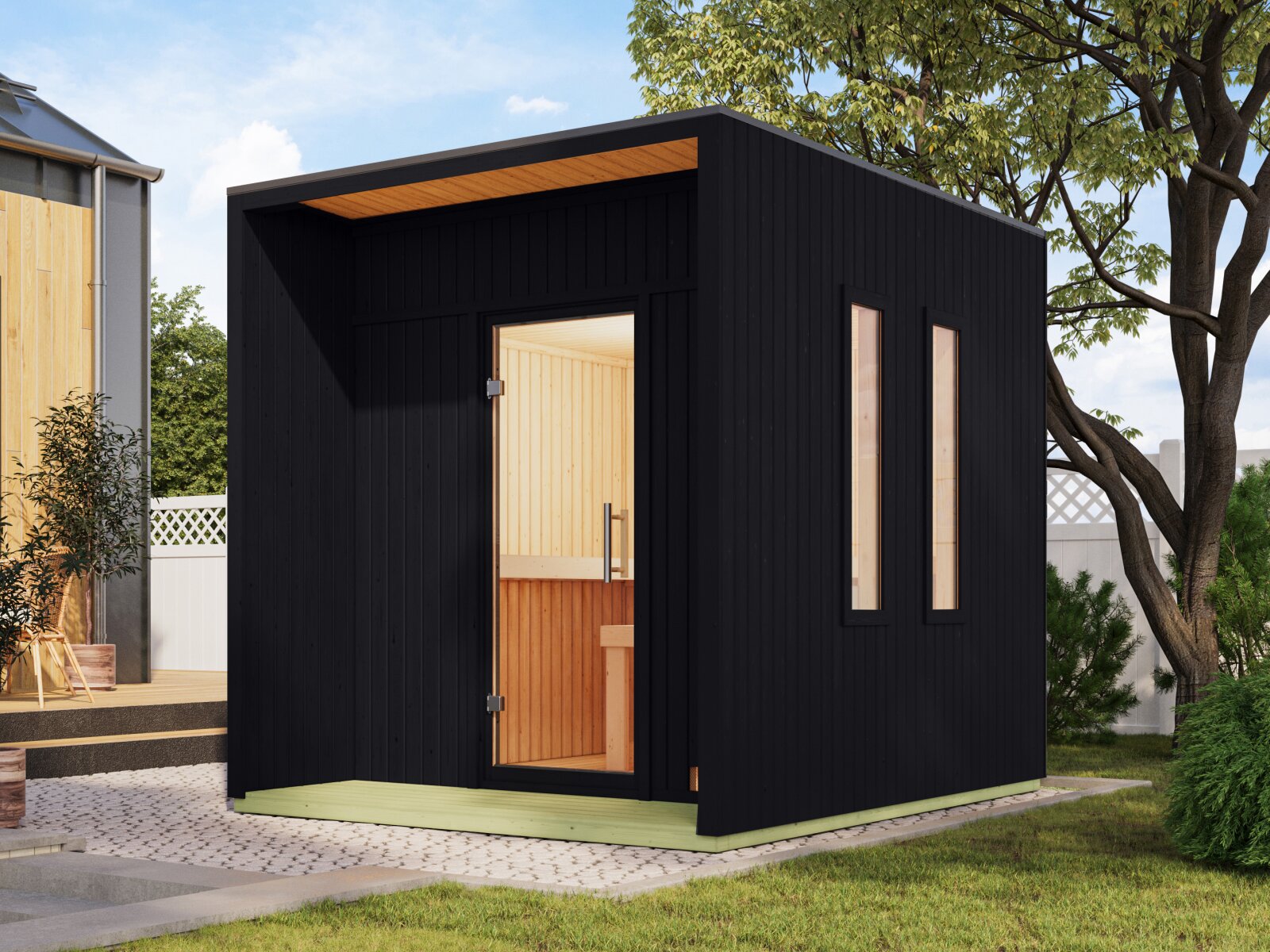 Karibu Saunahaus Laguna schwarz,73 mm -inkl. 9 kW Ofen ext. Steuerung Wifi HUUM