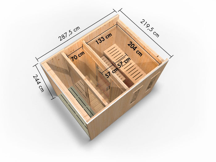 Karibu Saunahaus Catalina, natur -inkl. 9 kW Ofen ext. Steuerung Wifi HUUM- inkl. Vorraum, 73 mm