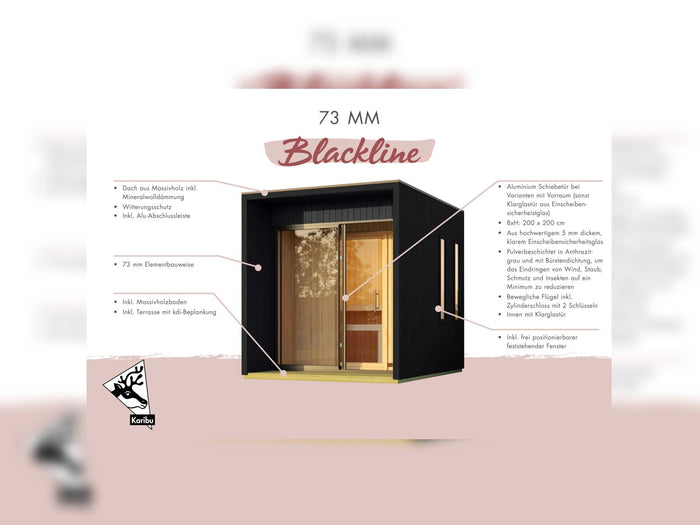 Karibu Saunahaus Catalina, schwarz-inkl. 9 kW Bioofen ext. Steuerung Wifi HUUM- inkl. Vorraum, 73 mm