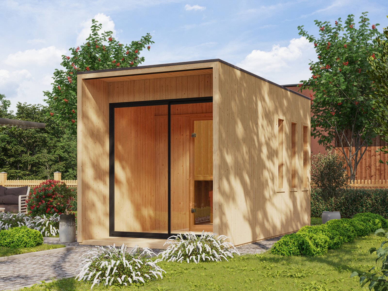 Karibu Saunahaus Miramar natur, inkl. 9 kW Ofen ext. Steuerung Wifi HUUM, inkl. Vorraum, 73 mm