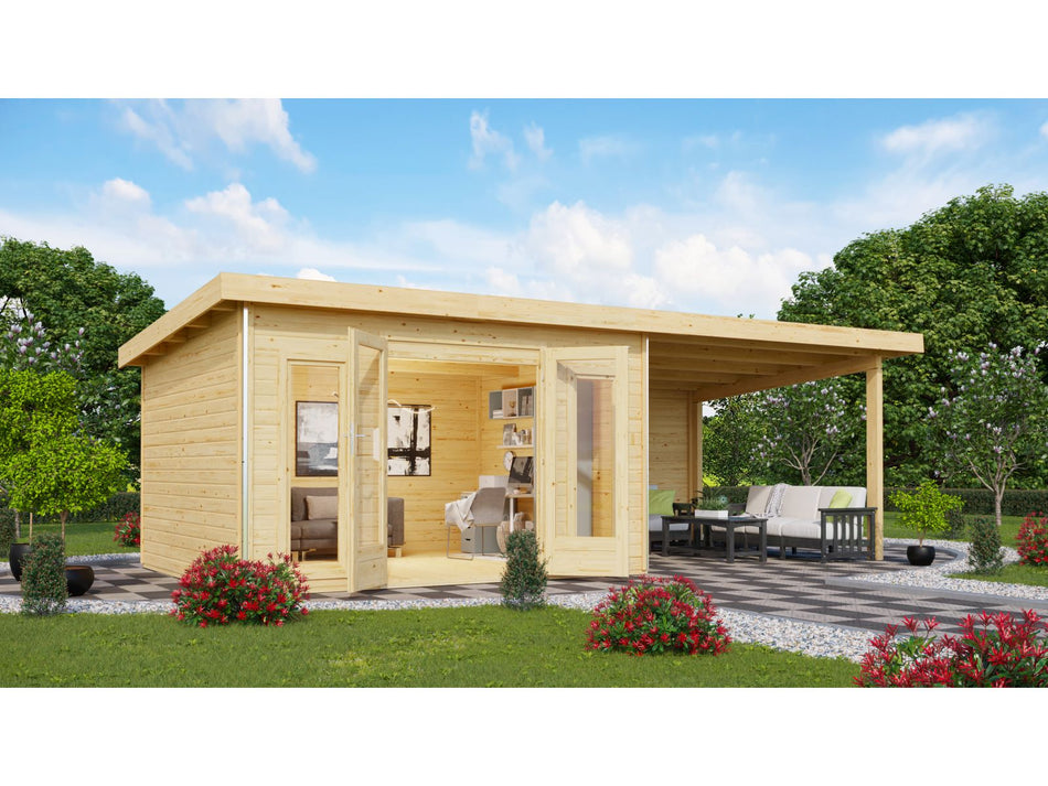 Karibu Gartenhaus Radeburg 2 natur 38 mm mit Anbaudach 3,3 m und Rückwand