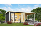 Karibu Gartenhaus Radeburg 2 terragrau mit Anbaudach 3,3 m und Rückwand