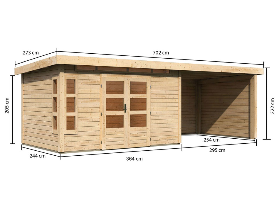 Karibu Gartenhaus Kastorf 7 - natur mit Anbaudach 3,2 m und 28 mm Seiten- und Rückwand