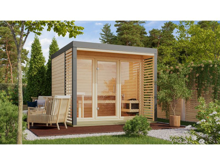 Karibu Hybrid Saunahaus Ares 3, naturbelassen/graualuminium, inkl. 9 kW Bioofen ext. Steuerung