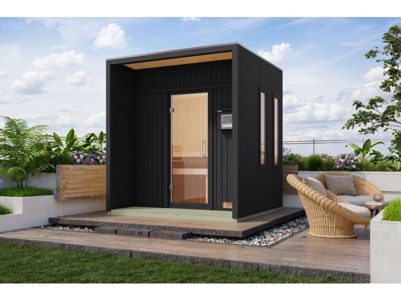 Karibu Saunahaus Arcadia, schwarz, 73 mm -inkl. 9 kW Ofen ext. Steuerung
