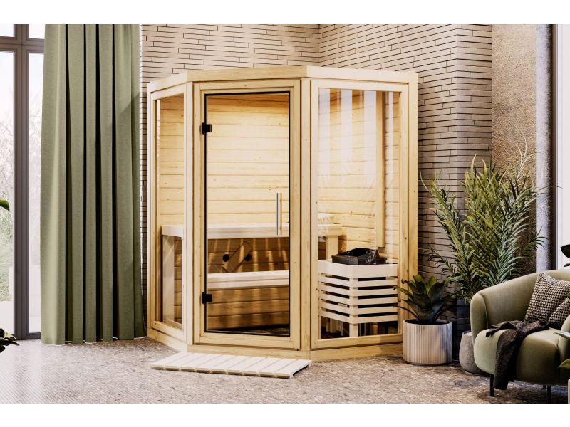 Karibu Sauna Yuma, inkl. 9 kW Bioofen ext. Steuerung, mit Klarglas Ganzglastür