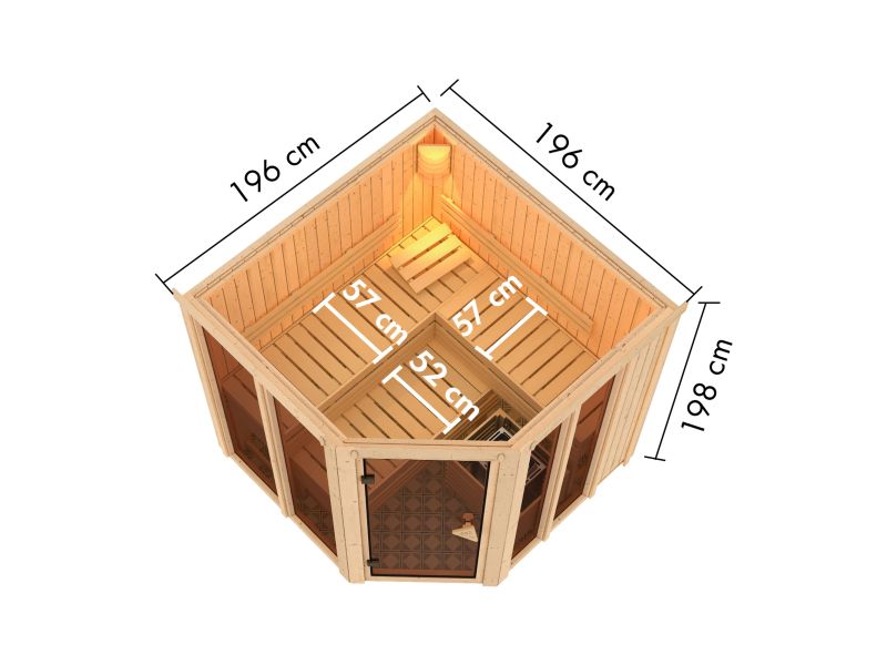 Karibu Sauna Airi, inkl. 9 kW Ofen ext. Steuerung - ohne Dachkranz -