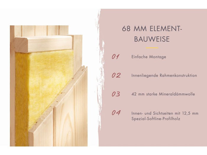 Karibu Sauna Airi, inkl. 9 kW Ofen ext. Steuerung - ohne Dachkranz -