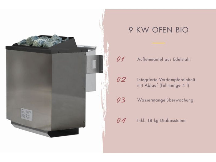 Karibu Sauna Airi, inkl. 9 kW Bioofen ext. Steuerung - ohne Dachkranz -