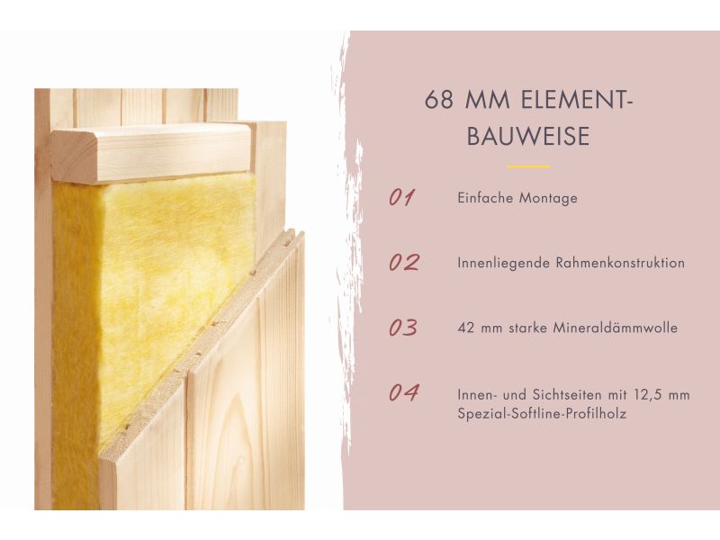 Karibu Sauna Airi, inkl. 9 kW Bioofen ext. Steuerung - ohne Dachkranz -