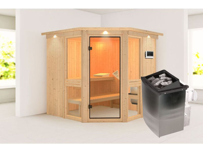 Amelia 2 - Karibu Sauna, inkl. 9 kW Ofen integr. Steuerung - mit Dachkranz -
