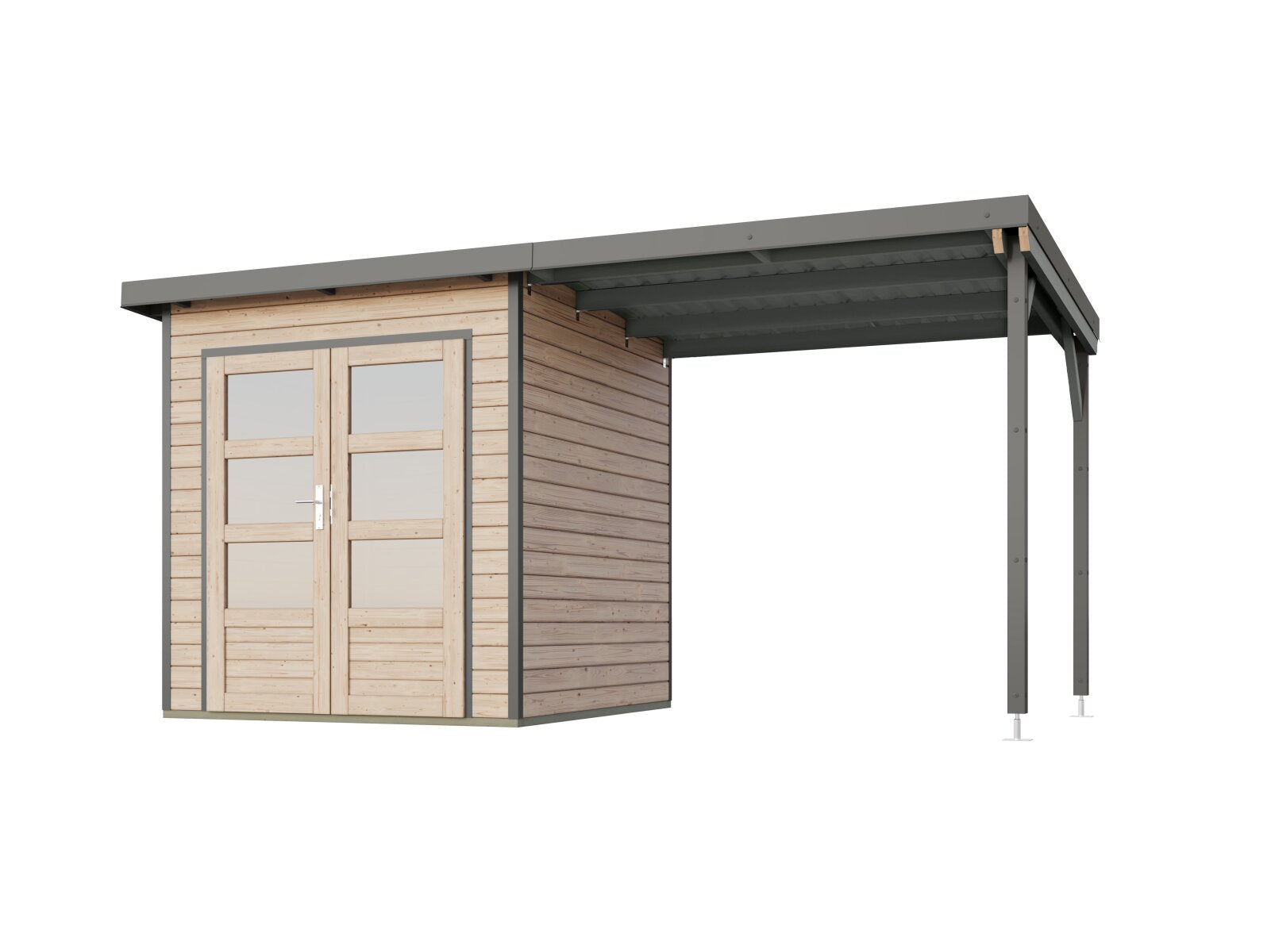 Karibu Hybrid Gartenhaus Pluto 1 A, naturbelassen/graualuminium, 28 mm, inkl. Anbaudach ca. 2,33m