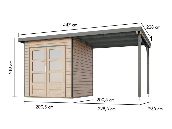 Karibu Hybrid Gartenhaus Pluto 1 A, naturbelassen/graualuminium, 28 mm, inkl. Anbaudach ca. 2,33m