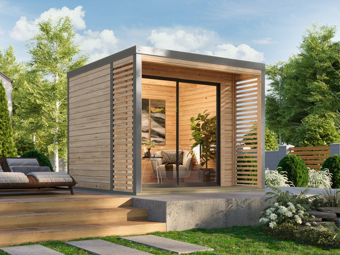 Karibu Hybrid Gartenhaus Saturn A, naturbelassen/graualuminium, 38 mm, inkl. Fußboden