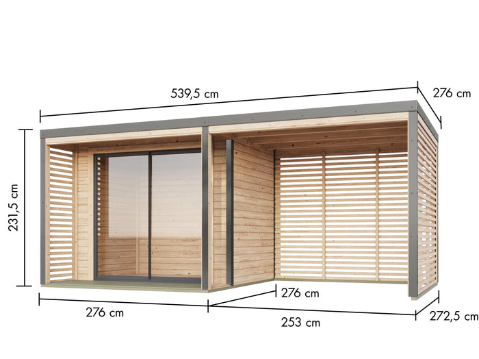 Karibu Hybrid Gartenhaus Saturn A, naturbelassen/graualuminium, 38 mm, inkl. Fußboden und Anbaudach 3m