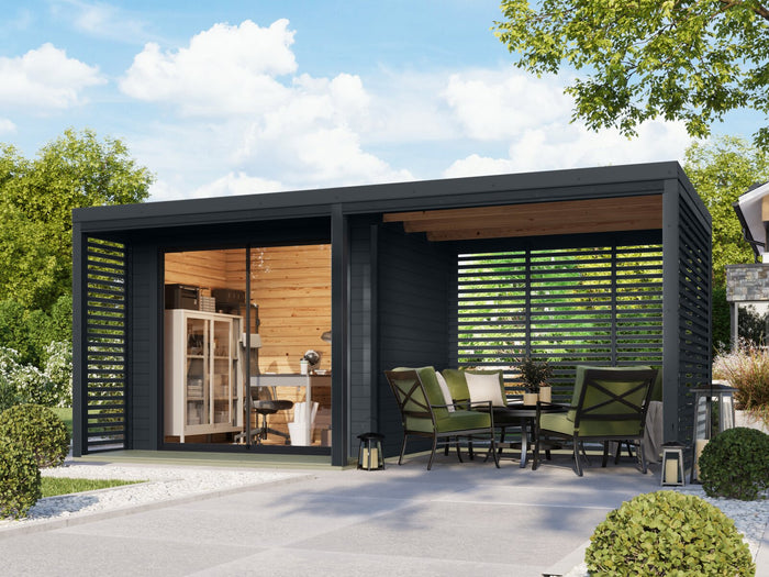 Karibu Hybrid Gartenhaus Saturn B, anthrazit/anthrazit, 38 mm, inkl. Fußboden und Anbaudach 3m