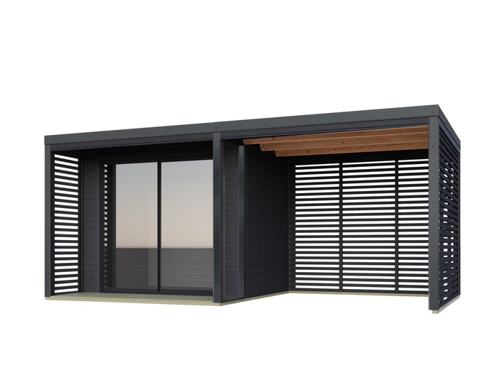 Karibu Hybrid Gartenhaus Saturn B, anthrazit/anthrazit, 38 mm, inkl. Fußboden und Anbaudach 3m