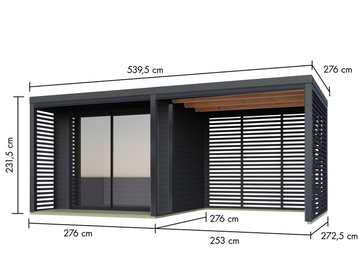 Karibu Hybrid Gartenhaus Saturn B, anthrazit/anthrazit, 38 mm, inkl. Fußboden und Anbaudach 3m