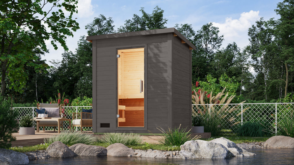 Karibu Saunahaus Caapi 2, terragrau, inkl. 9 kW Ofen integr. Steuerung, mit Klarglastür und Fußboden